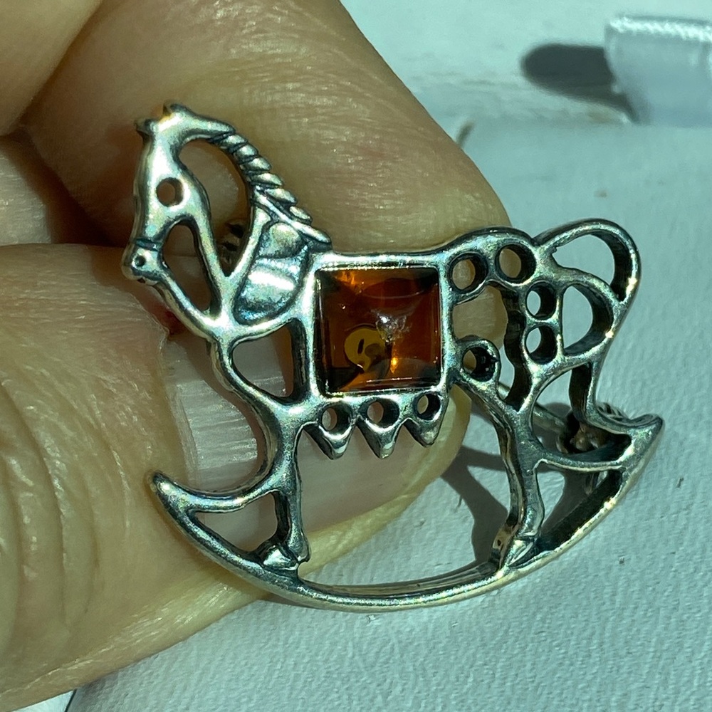 Vintage Sterling Silver Rocking Horse Brooch with Amber Accent
